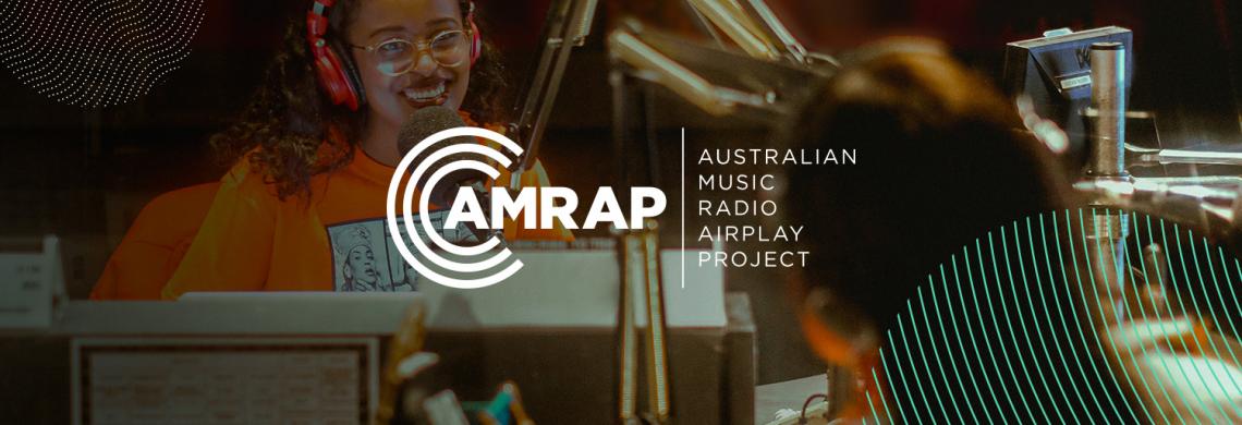 Two people in a studio together creating radio show. AMRAP logo.