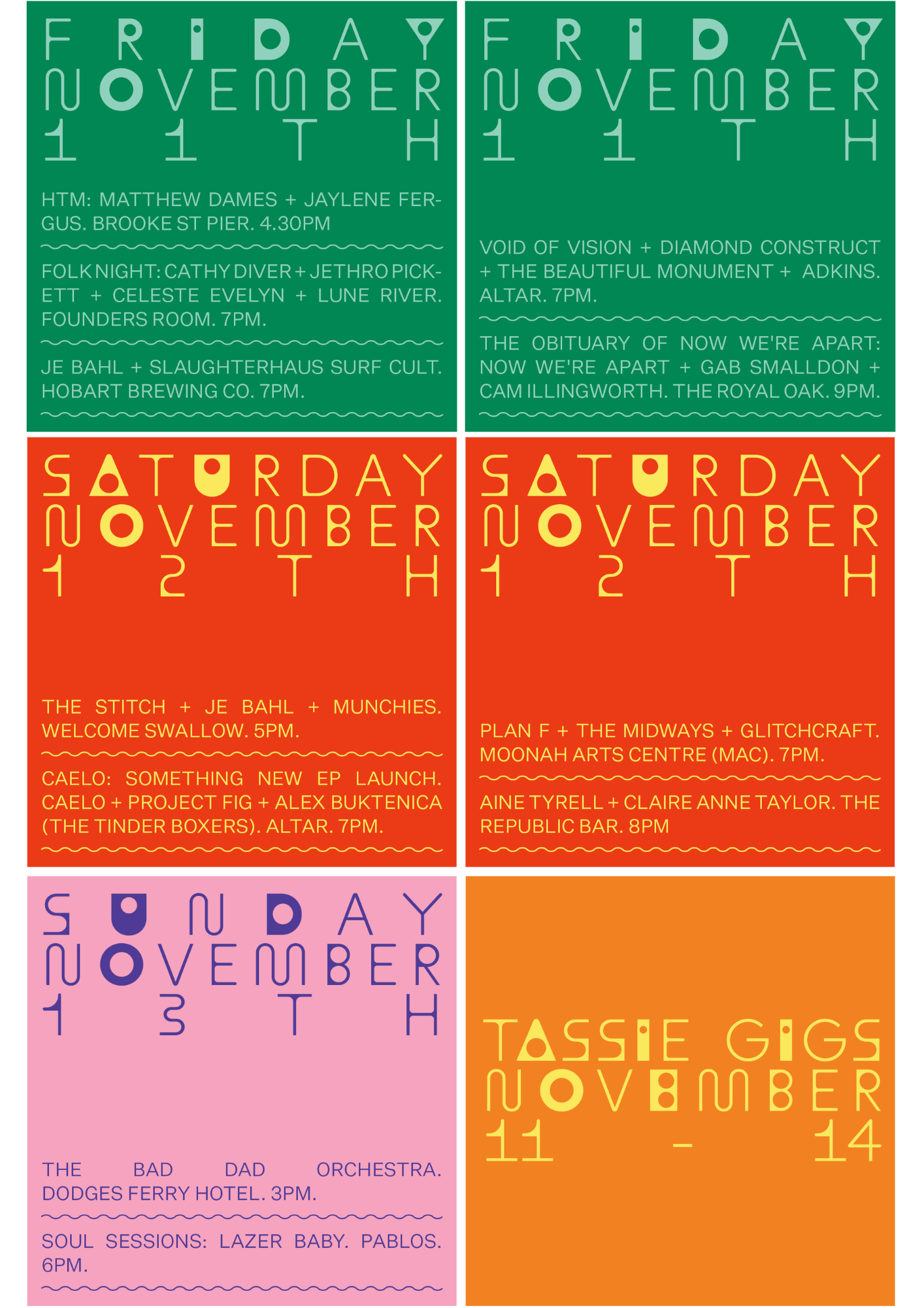 Gig Guide, listing local gigs in various bright contrasting colours