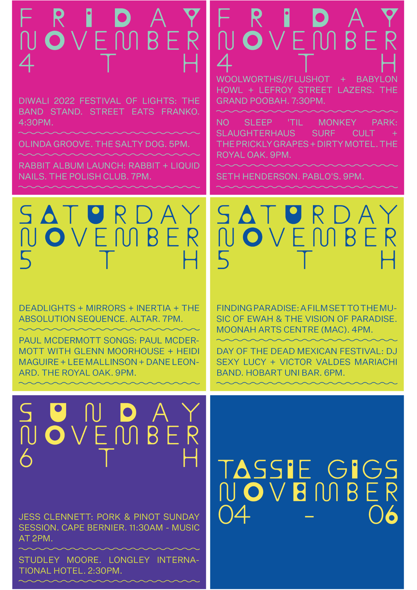 Gig Guide, listing local gigs in various bright contrasting colours with white backround