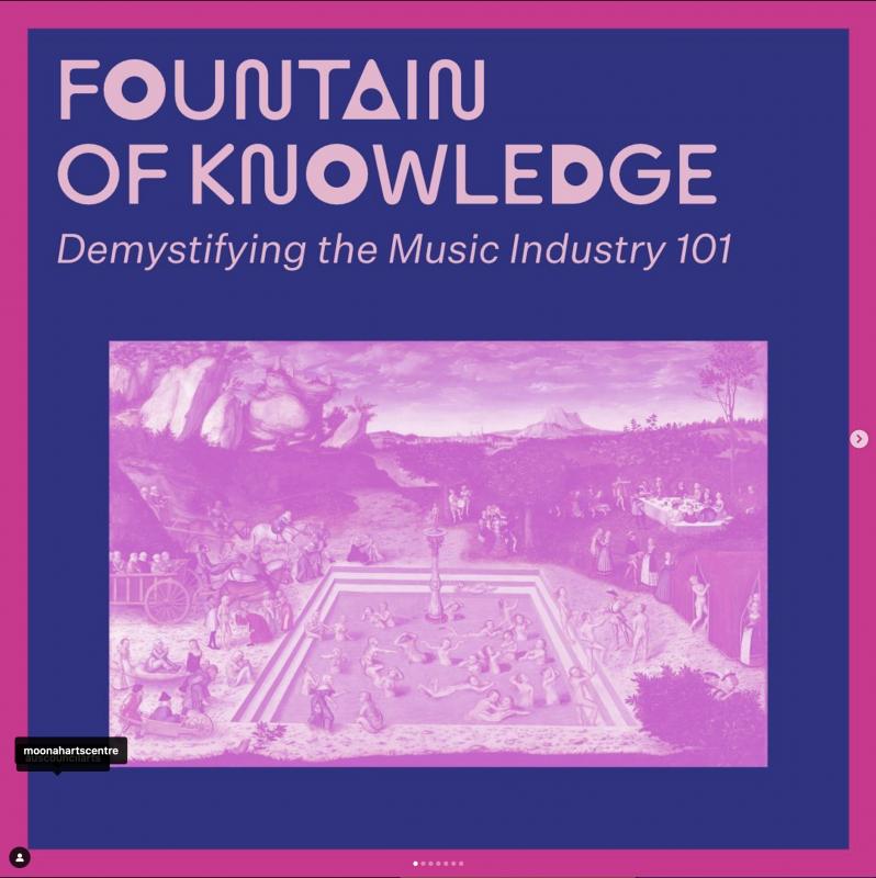 Pink tex: Fountain of Knowledge, Demystifying the Music Industry 101. Pink image shows an old painting of a fountain with people swimming in it.