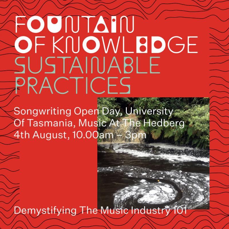 White text on a red background: Songwriting Open Day, University  of Tasmania, Music at the Hedberg