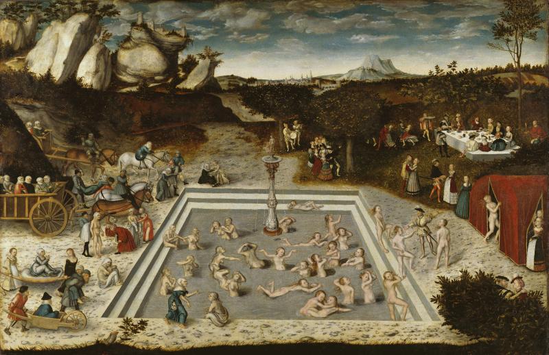 Lucas Cranach's painting Der Jungbrunnen, shows a scene with a square fountain is in the foreground, and mountains and sky in the background. Naked people are swimming in the fountain, and clothed people are gathered around it. The colours are muted browns and reds.