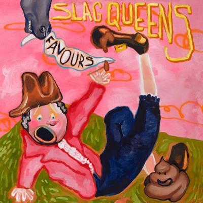 Slag Queens Favours Record Cover, with a illustration of a person falling over and a horses nose in the top left corner.