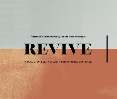Front cover of the new federal government cultural policy document. The words Revive are centre and sit over the time of a horizon line. The earth is represented as red earth and the sky as a light grey.